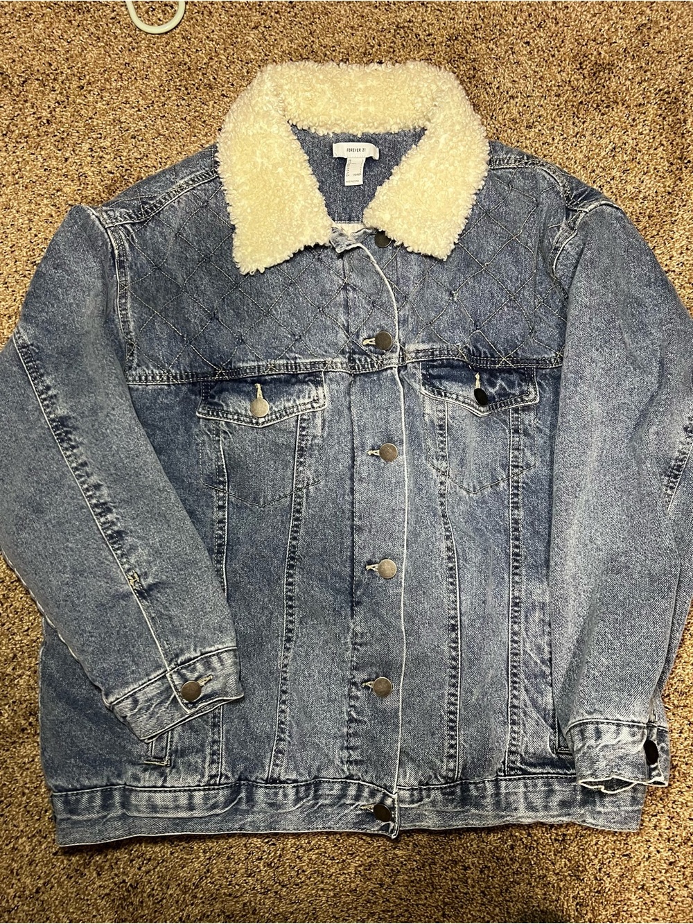 Forever 21 Denim Jacket with Cream Sherpa Collar and quilter lined Large women